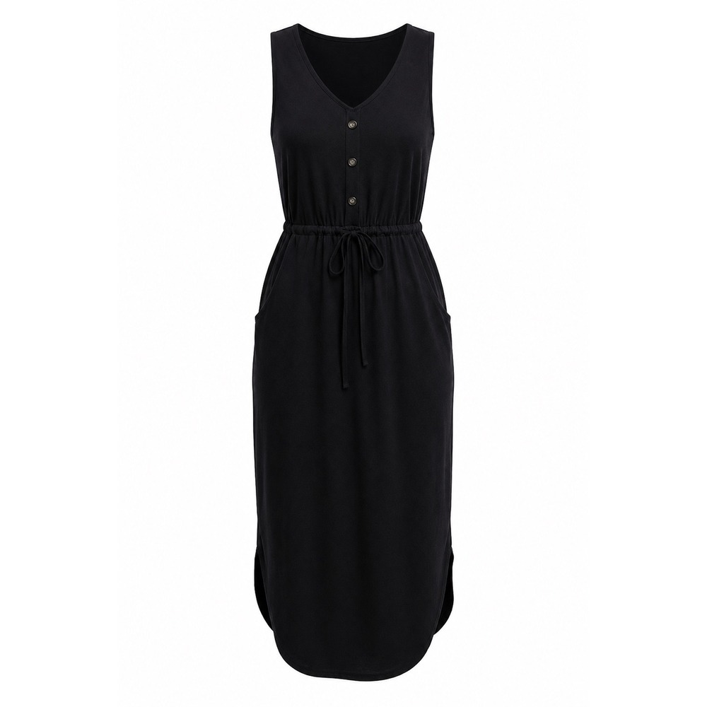 SHEIN Women Black Sleeveless V-Neck Button Front Drawstring Midi Dress Size M